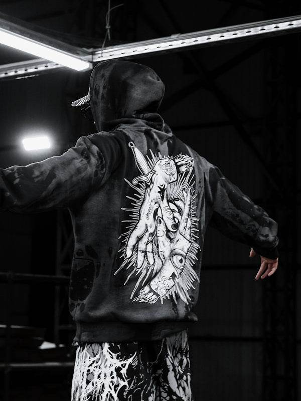Think Twice (grey dye) - Oversized Hoodie (350GSM) Lifestyle Image