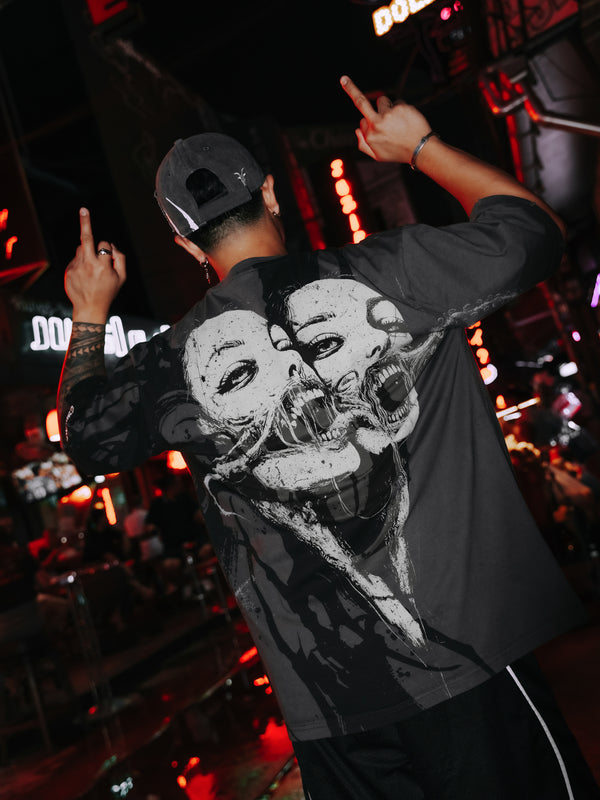 Bride Of The Maw (Black Acid Washed) - Reversible Oversized T-Shirt (200GSM) Lifestyle Image