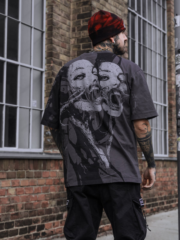 Bride Of The Maw (Black Acid Washed) - Reversible Oversized T-Shirt (200GSM) Lifestyle Image