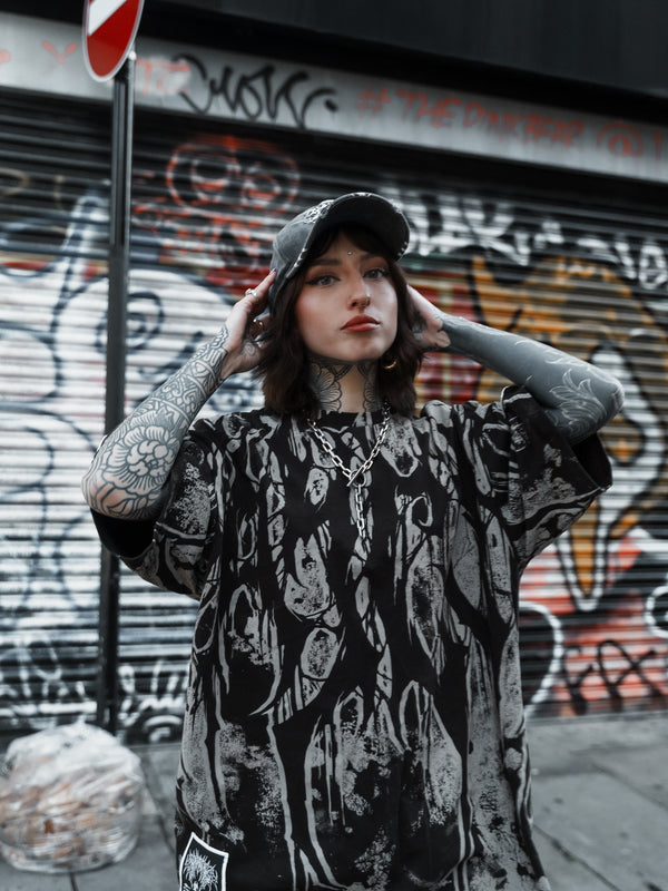 Grimfall (sandstone) - Heavy Oversized T-Shirt (250GSM) Lifestyle Image