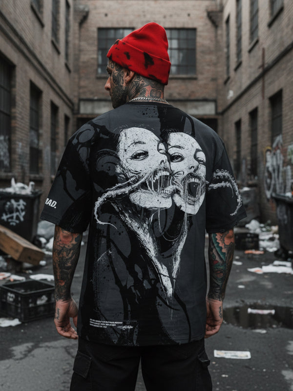 Bride Of The Maw (Black Acid Washed) - Reversible Oversized T-Shirt (200GSM) Lifestyle Image