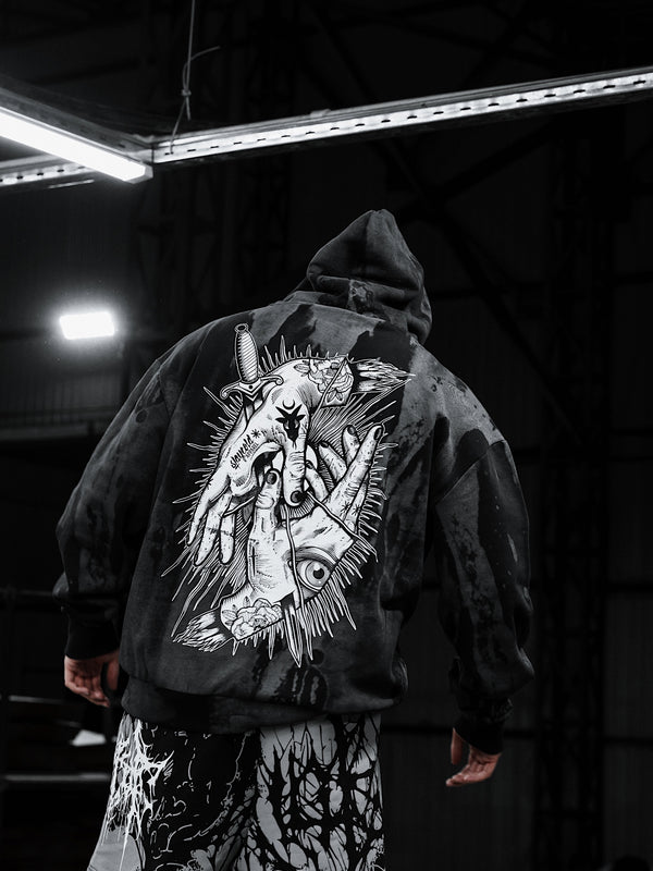 Think Twice (grey dye) - Oversized Hoodie (350GSM) Lifestyle Image